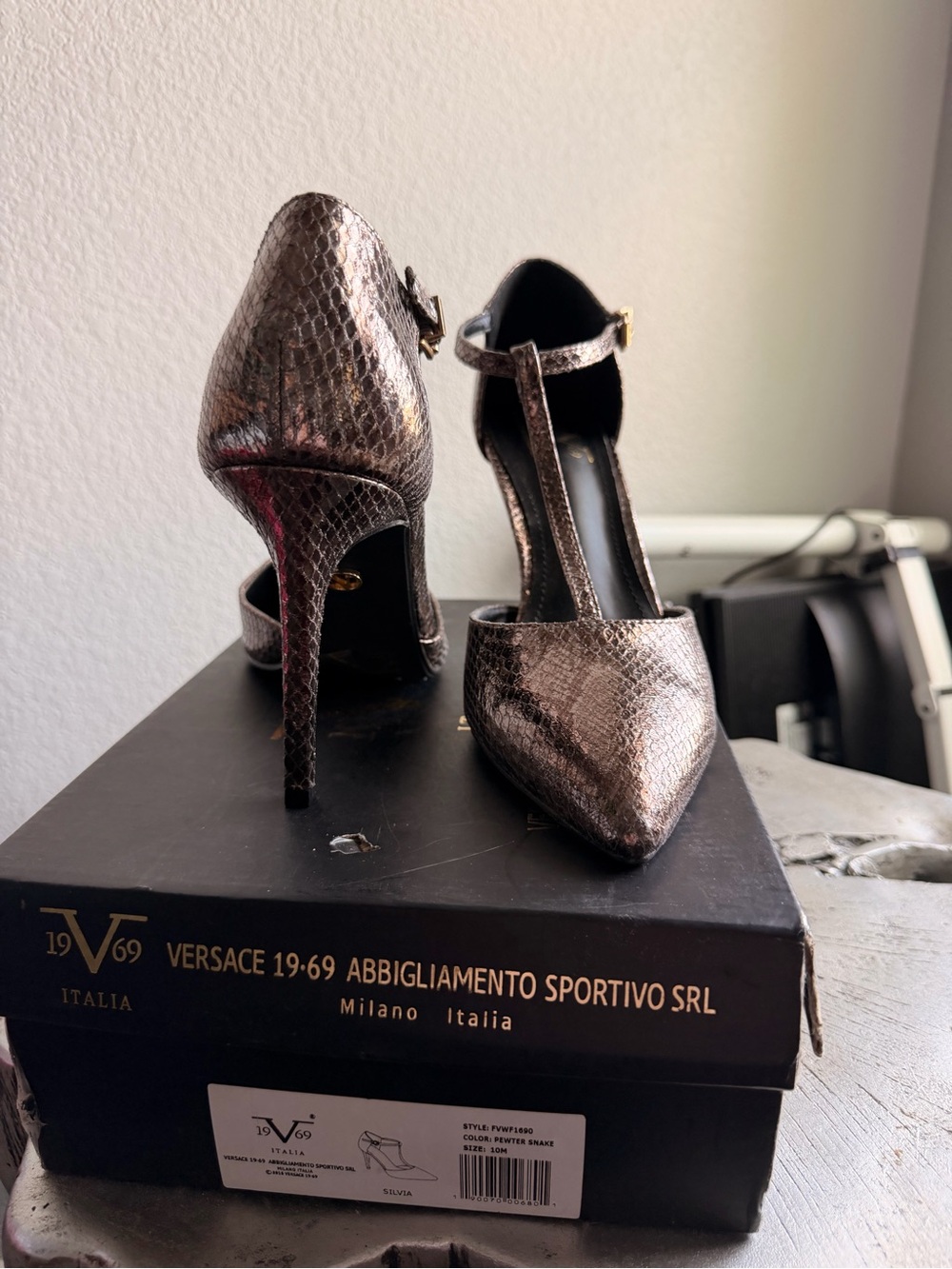 Versace Bronze Snakeskin T-Strap Pointed Pumps